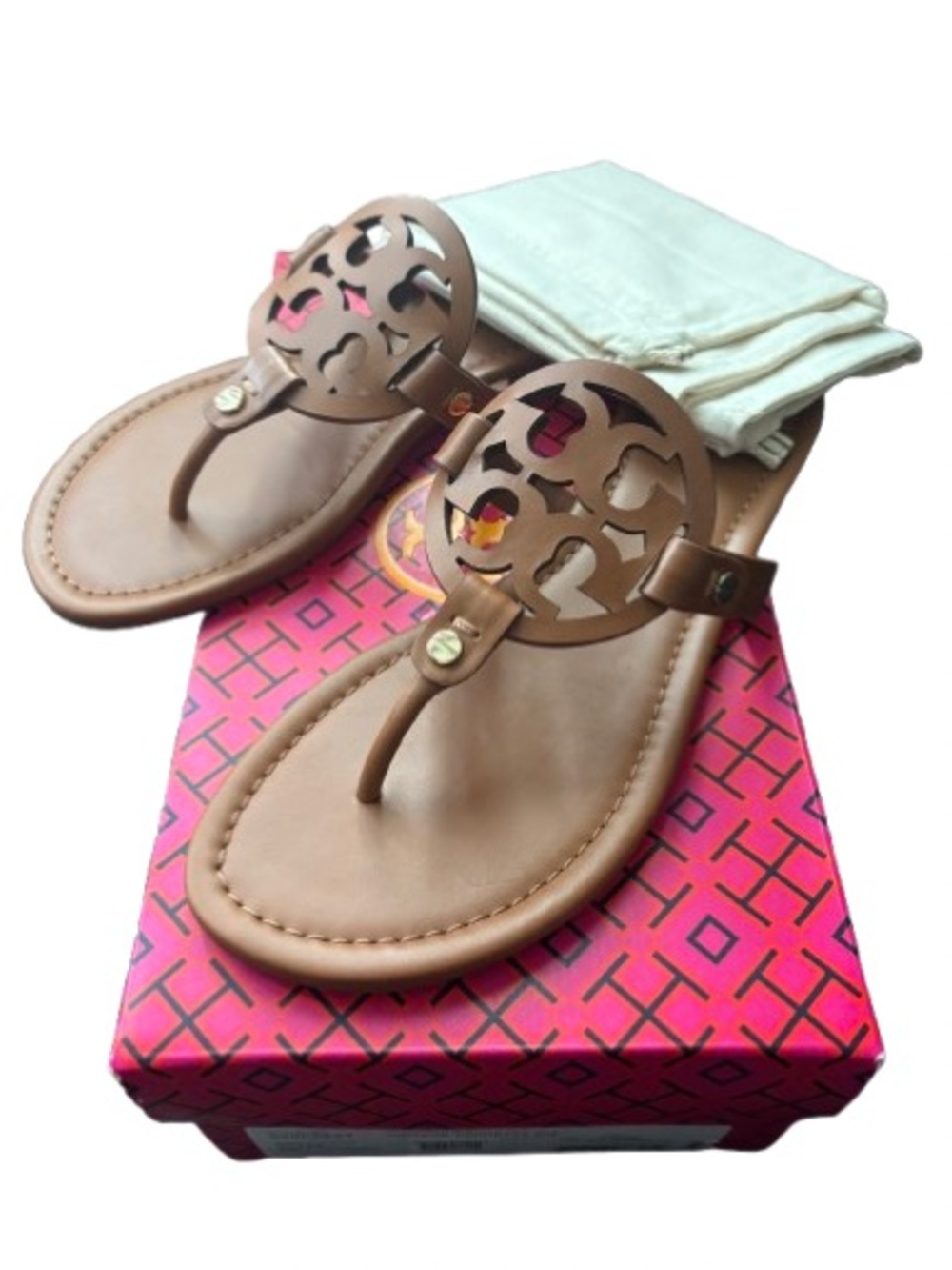 Tory Burch Tan Leather Logo Thong Sandals
